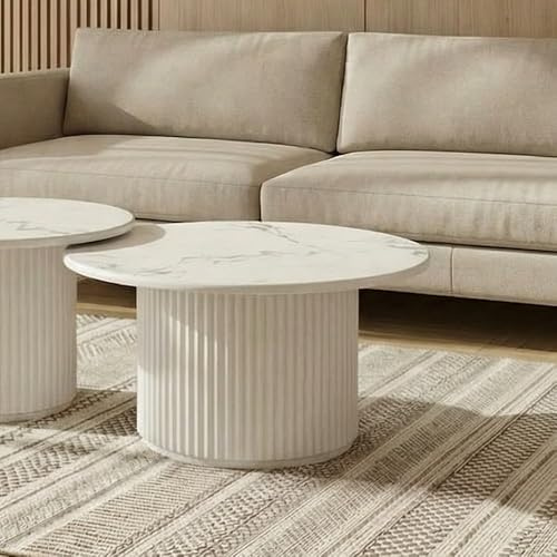 Furnhouse Easy Couchtisch Rund Ø80 cm | Marmor Optik Weiß | Lamellenstruktur Mittelfuß – Modern Skandinavisches Design