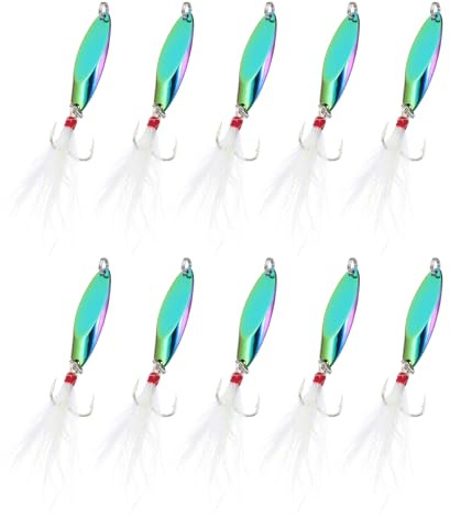 PATIKIL Cucharas de pesca, 10 piezas de señuelos de pesca de 1/5 onzas, cuchara de fundición, anzuelos triples, anzuelos giratorios de metal duro para salmón de agua dulce y salada, multicolor