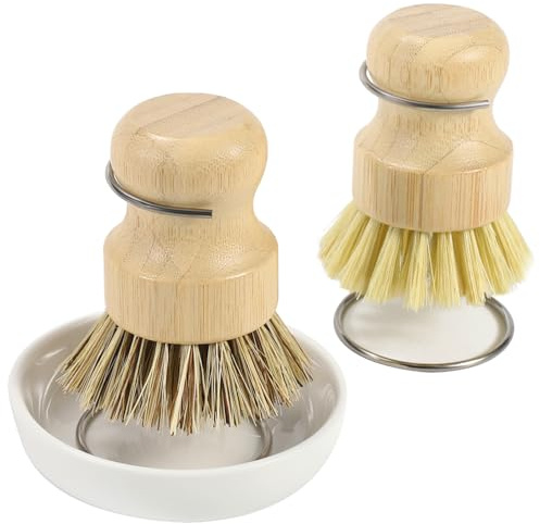 DEBETOOL Bamboo Dish Brush Set with Holder - Natural Dish Scrub Brush for Cleaning Dishes, Fast Dry Design Kitchen Dish Brush for Sinks & Pots