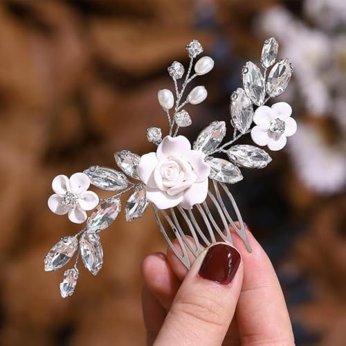Evlry Peineta de novia, adorno para el pelo de plata con flores, cristal, tocado para mujeres y niñas