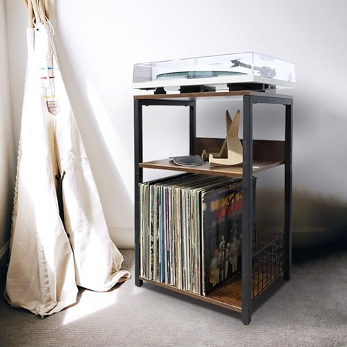 FORRTY Meuble Compact 3 Niveaux for Platine Et 60 LP, Structure Métal + Étagères Bois, Support Rétro for Vinyles, Idéal Salon, Bureau Ou Chambre, Montage Facile, Meuble Polyvalent