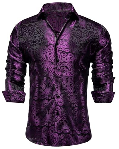Chemise à manches longues pour homme en soie cachemire - Coupe régulière - Chemisier boutonné - T-shirt décontracté pour fête de mariage