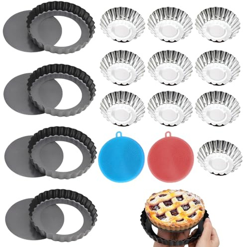 KRYMXAR 4 Stück Tartelette Förmchen, 10 Stück Mini Tartelette Förmchen, 2 Stück Spültücher, Tarteform mit Hebeboden, Tartlettförmchen, Vielseitige Quicheform für Backprofis und Hobbybäcker