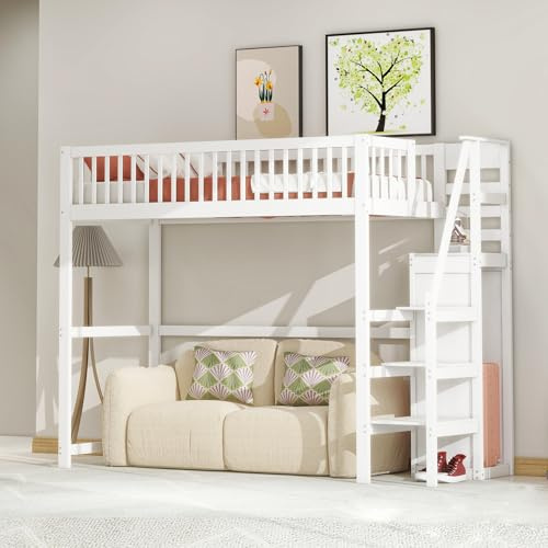 Hochbett 90x200 Mit Treppe Weißes Holz Kinderbett Mit Regal Und Kleiderschrank