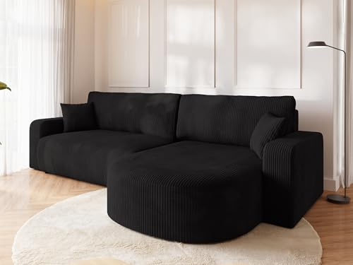 BROMARKT Ecksofa mit Schlaffunktion Kissen und Bettkasten L-Form Schwarz | Wohnlandschaft für Wohnzimmer freistehendes großes Sofa Eckcouch mit Kissen Cordstoff Sofabett Sofabed BISK