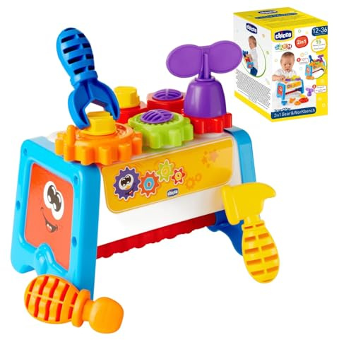 Chicco Cassetta degli Attrezzi 2 in 1, Banco da Lavoro per Bambini con Attrezzi Giocattolo, Gioco STEM con 15 Pezzi tra Cui Martello, Cacciavite e Chiave Inglese - Giochi Educativi 1 Anno - 3 Anni