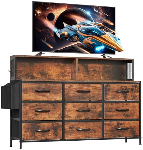 Feonase Large Chest of Drawers Bedroom, 9 Drawers Dresser with Shelf and Side Pocket, Metal Frame, MDF Top Board, Versatile Organizer Storage Unit for Bedroom, Living Room, Rustic Brown
