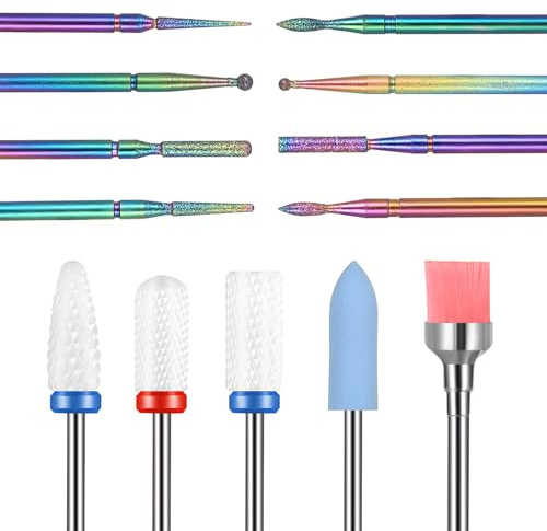 13 PzPunte Fresa Unghie Professionale, Punte Fresa per Unghie da 3/32: 3 punte in carburo di tungsteno, 3 puntes in ceramica, 6 puntes in metallo e 1 pennello, per unghies in gel acrilico manicure