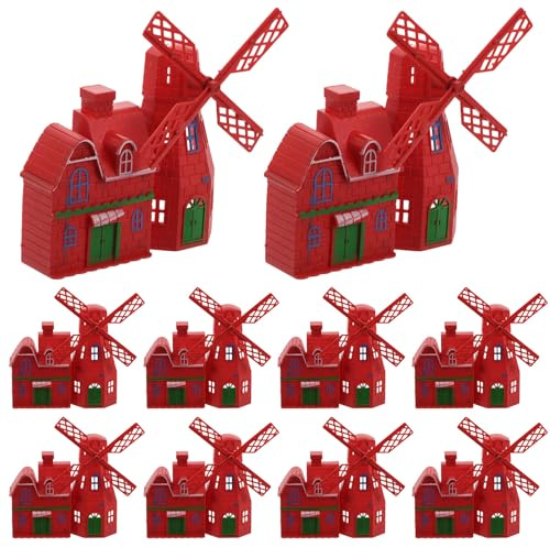CLISPEED Lot de 10 Moulins à Vent Miniatures en Plastique Rouge Vif, Modèles de Maison de Ferme Décoratifs pour Mini Jardins, Accessoires Décoratifs Vintage pour Extérieur et Intérieur,