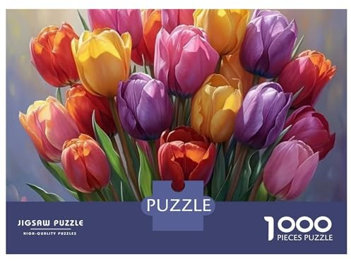 Décoration intérieure - Puzzle Unique de 1000 pièces « Bouquet de Tulipes » pour Adultes, Jeu éducatif et décoration. Dimensions : 52 x 38 cm.