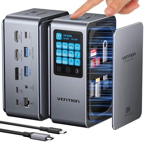 VENTION 13-in-1 Laptop Docking Station with Touch Smart Display,USB C Docking Station Dual Monitor for Dell,HP and MacBook,8K Triple Display 1*DP,2*HDMI,10Gbps USB 3.2,100W PD with 2 USB-C Cables