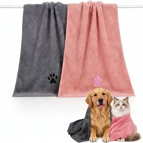2 Pack Large Dog Towels for Drying Dogs, 50 x 100 cm Quick-Dry Microfibre Dog Towel, Super Absorbent Pet Towel for Post-Bath and Outdoor Use, Soft Pet Bath Towel for Puppies, Cats and Other Pets Bath