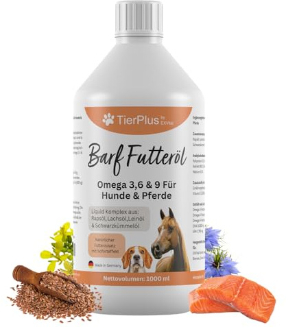 TierPlus Barf Futteröl für Hunde & Pferde, 1000ml Barföl mit Omega 3-6-9 aus Lachsöl, Rapsöl, Leinöl & Schwarzkümmelöl - Futteröl für Hund & Pferd, DHA & EPA, Futterzusatz