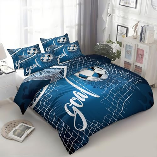 XCQHZYQ Copripiumino Matrimoniale 240x220 cm, Set Copripiumino in Microfibra, Reversibile Biancheria da Letto 3 Pezzi Tema Di Calcio Lettere, con Cerniera e 2 Federe, Blu