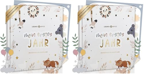 Lebenskompass Babyalbum Mein erstes Jahr PURE mit über 75 Stickern & Spruchkarte EXTRA - Ein Baby Buch zum Eintragen - Das Babytagebuch & Erinnerungsbuch für Mädchen & Jungen (Packung mit 2)