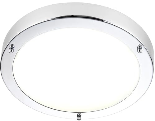 National Lighting Portico IP44 Rated Flush Round Chrome Plated 300mm Disc LED Bathroom Ceiling Light Fitting with Frosted Glass Shade Zone 2
