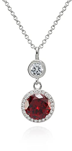 namana Halskette mit elegantem runden Anhänger in Rubinrot oder Saphirblau mit Zirkonia Stein und weiterem Schmuckstein, silberfarbene rhodinierte Halskette in verstellbarer Länge.