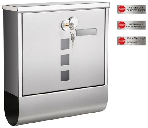 SONGMICS Briefkasten, Postkasten, Schloss mit Kupfer-Schließzylinder und drehbarer Abdeckung, Sichtfenster, Namensschild, Zeitungsfach, einfache Montage, 10 x 30,8 x 33,8 cm, silbern GMB020S02