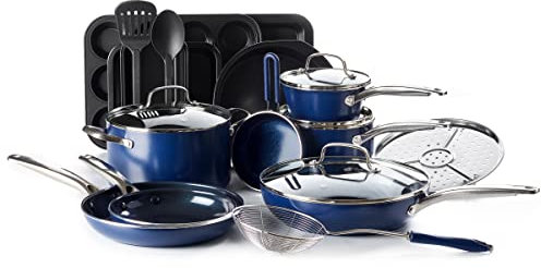 Blue Diamond Cookware Diamond Infused Ceramic Nonstick 20 Piece Cookware Bakeware Pots and Pans Set, PFAS-Free, Dishwasher Safe, Oven Safe, Blue