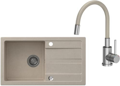 VBChome Fregadero con grifo, color beige, 77 x 43,5 cm, de granito, empotrable, superficie de goteo, reversible, grifo de cocina + sifón.