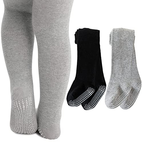 Mini angel Baby Girl Tights Non Slip Baby Tights 12-24 Months Girl Warm Cotton Leggings Seamless Pantyhose Non-Skid Grip for Toddler 2 Pack (Black, Grey, M)