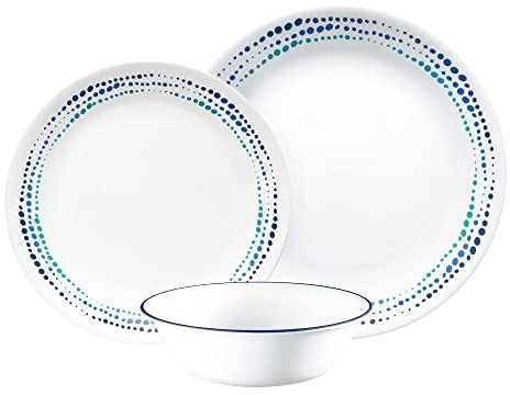 Corelle Geschirr-Set (12-teiliges Set, Ozeanblau) - Tafelservice für 4 Personen, bestehend aus 4 Tellern, Beilagentellern und Schüsseln, 3 x langlebiger, halb so viel Platz und Gewicht von Keramik,