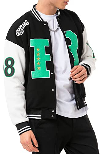 Elegante giacca da college in look retrò, giacca sportiva Varsity per il tempo libero e lo streetwear, Nero - Ecru, M