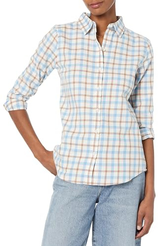 Amazon Essentials Camisa de Franela a Cuadros Ligera de Manga Larga y Corte Estándar Mujer, Azul Rojo Madras Plaid, XL