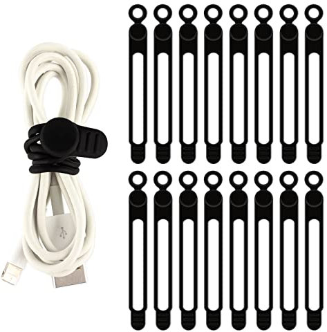 TamBee Cable Ties Reusable Silicone Cable Straps 16pcs Cable Wire Ties Cable Cord Organizers for Earphone Phone Charger Audio Cable Computer (16Pcs, Black)