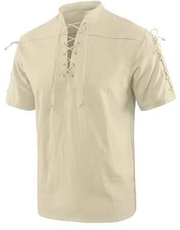 YAOBAOLE Camicia Larp Uomo Medievale Estiva in Cotone Lino con Laccio Doppio Khaki 2XL