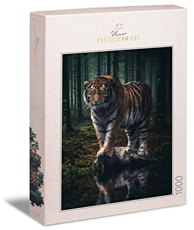 Ulmer Puzzleschmiede - Puzzle « Souverain de la forêt sombre » - Le majestueux tigre de Sibérie traverse la nuit - Puzzle 1000 pièces pour adultes - Fabriqué en Allemagne