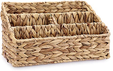 BSTKEY Water Hyacinth Desk Organizer, Hand Woven Magazine Mail Sorter with 4 Compartments, Wicker Desktop Stationery Holder Storage Basket for Home Office