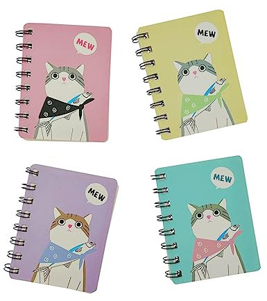 JZK 4 x niedliche Mini-Notizbücher, A7, Tagebuch, Buch, Seiten, liniert, Spiralbindung, Notizblock, Schreibwaren, für Reisebüro, Schule, 4 Stück