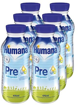 Humana Anfangsmilch Pre trinkfertig, von Geburt an, trinkfertige Säuglingsmilch, zusätzlich zur Muttermilch oder als alleinige Pre Nahrung, Babynahrung mit DHA und nur Laktose, 6 x 470 ml