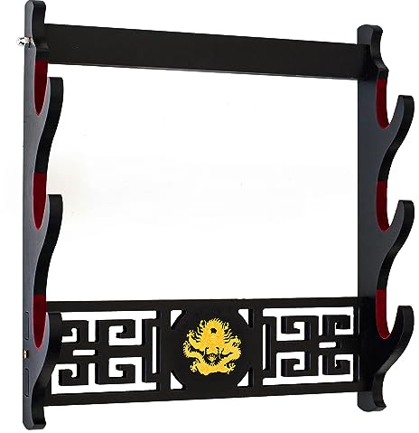 FOXSMZZ Katana PréSentoir Supports D'Armes, Support D'éPéE Rembourré En Velours Support Mural Wakizashi Samouraï éPéE Support Dragon Logo (3 couche)