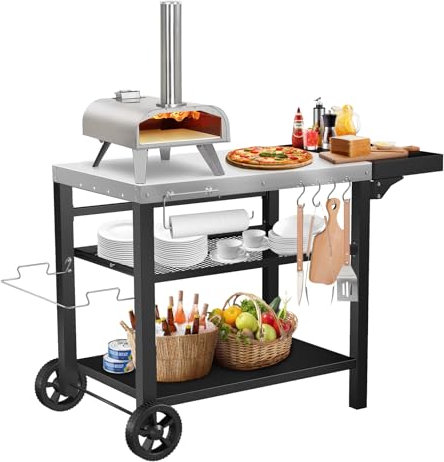 GRILL FORCE Carrello per grill, tavolo per barbecue all'aperto, supporto per forno per pizza, tavolo da barbecue a tre ripiani, carrello da pranzo mobile con cassetto, adatto per griglia Ninja