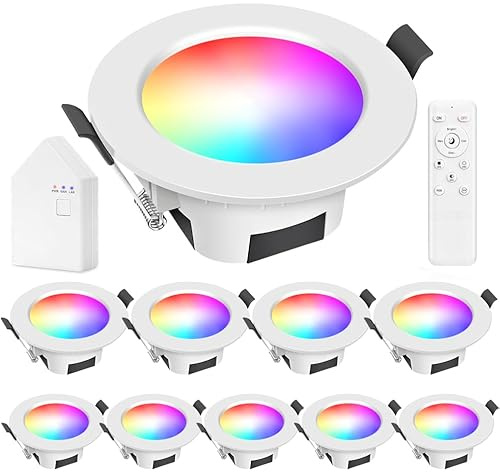 INDARUN 9W Wifi Foco Led Empotrable RGBWC Lámpara de techo con mando a distancia, Iluminación de techo empotrado Bluetooth para exposición, salón, cocina, ktv, bares (10 Pieces)