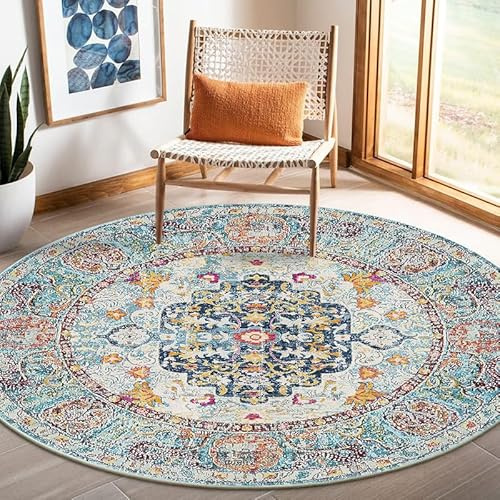 Nyescasa Teppich Rund 80 cm Vintage Boho Mandala Teppich Wohnzimmer Waschbar rutschfest Weich Kurzflor Runder Teppiche für Schlafzimmer Kinderzimmer Outdoor, Beige Blau
