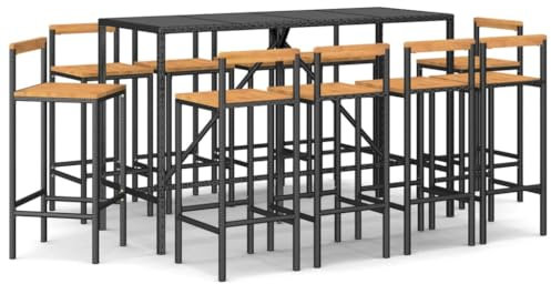 Makastle 11-teilig Gartenbar Set, Garten Sitzgruppe Essgruppe Stehtisch Barstühlen Gartenmöbel, Bartisch mit Barhocker Set für Garten Rasen, Schwarz Poly Rattan & Massivholz Akazie