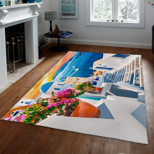 Weißes Haus Bereich Teppich Blaues Ozeanmuster Teppich Zimmer Dekor Mediterraner Stil Maschinenwaschbare Bodenmatte für Schlafzimmer und Wohnzimmer 180x275cm