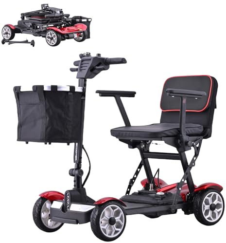 HZWJD 4-Rad-Reise Mobilitätsroller,Elektro Roller,Gehhilfe Für Senioren,Rollator Leicht Klappbar,Rollstuhl Elektrisch,Sichere Tragfähigkeit 150 Kg Red~10ah
