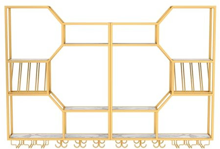 Weinregal Wand Metall mit Licht Flaschenregal Schmal Wine Rack bar Regal Wand Weinschrank Hausbar Barschrank mit Weinglashalter Weinständer Getränke Regal Vitrine Hängend für Bartheke Wohnzimmer(Gold)