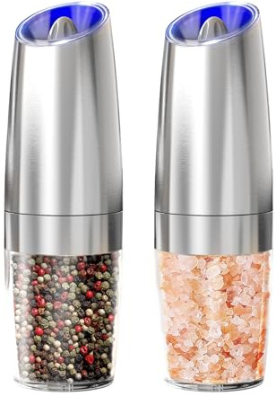 ELMWAY Gravity Salt and Pepper Grinder Set – Battery-Powered Electric Salt & Pepper Mills with Tilt-to-Start, Adjustable Coarseness, LED Light & Stainless Steel Finish (4 AAA Each Required)