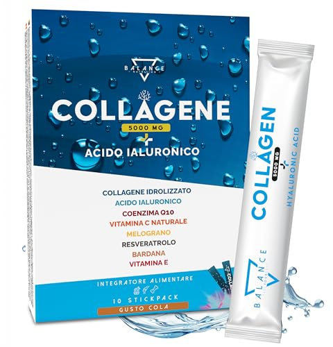 COLLAGENE IDROLIZZATO 5000MG | Collagene e Acido Ialuronico | Collagene da Bere, Coenzima Q10, Vitamina C Naturale, Melograno, Resveratrolo, Acido Alfa Lipoico, Bardana | 10 Stickpack Liquidi