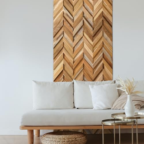 Wallsupply UltraWood Chevron Herringbone Solid Teak Wood Hardwood Panels, Wall Cladding 3D Interlocking Tiles, 10pcs 0.69m²