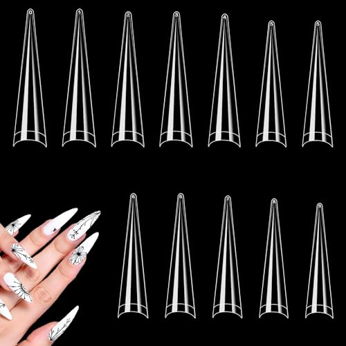 600 Stück Stiletto Long Nageltips, Falsche Nägel Tipps Extra Lange Transparente Künstliche Nägel Konische Nageltips Acryl Halbe Abdeckung Kunstnägel für DIY und Nagelsalon mit Box