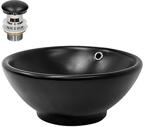 LuxeBath Waschbecken Keramik Schwarz Ø420x170 mm rund mit Ablaufgarnitur Schwarz, Aufsatzwaschbecken mit Überlauf, Aufsatzbecken Aufsatzwaschtisch Waschschale Waschplatz Handwaschbecken für Badezimmer