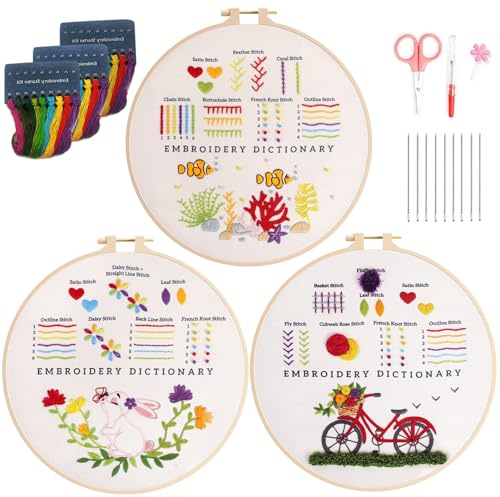 Newar Sticken Set für Erwachsene und Anfänger mit embroidery kit (Tier) | 3 Stoffen Mustern Kunststoff Stickrahmen Schere Entwirrer und Anleitung für DIY Kunst Handwerk Zuhause Geschenk