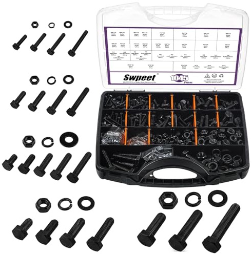 Swpeet 1045Pcs 20 Tamaños M4 M5 M6 M8 M10 Tornillos Hexagonales Chapados en Zinc Negro con Tuercas y Arandelas Planas/Bloqueo Kit de la Variedad, Grado 8.8 Tornillos y Tuercas