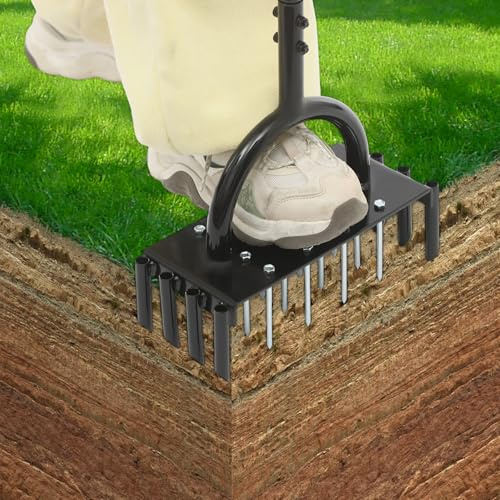 YEITBY 2-in-1 Rasenlüfter, Aerifizierer für Rasen, Manuell Rasenbelüfter mit 16 Eisenspikes, Heavy Duty Handvertikutierer Rasen Belüften für Verdichtete Böden, odenbelüftung, Rasenpflege